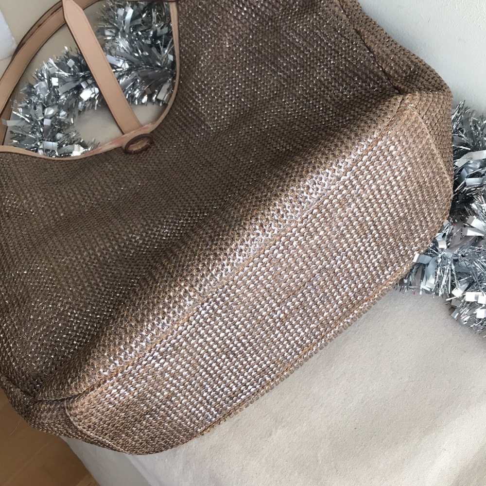 EUC Stella & dot tote shiny metallic gold with tan trim cross hatch vegan bag - Picture 8 of 8